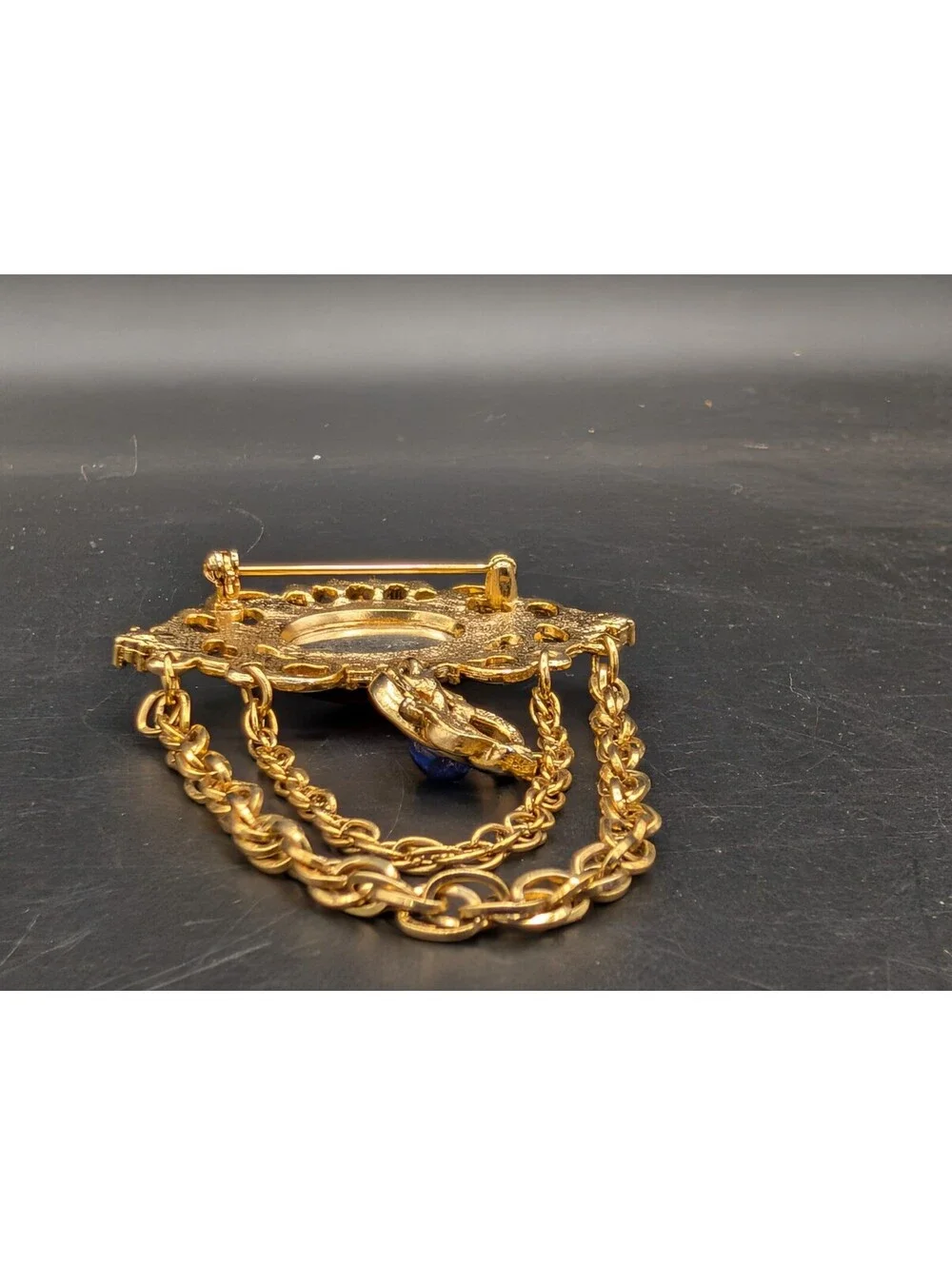 Vintage 1980s Regal Brooch Ruby Red Blue Glass Cabochon Draped Chain Pin